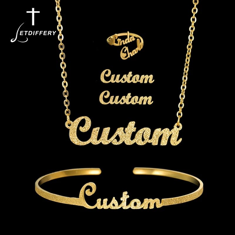 Letdiffery Custom Name Jewelry Set for Women Frosted Stainless Steel Necklace Ring Bangle Wedding Jewelry for Girlfriend Lovers