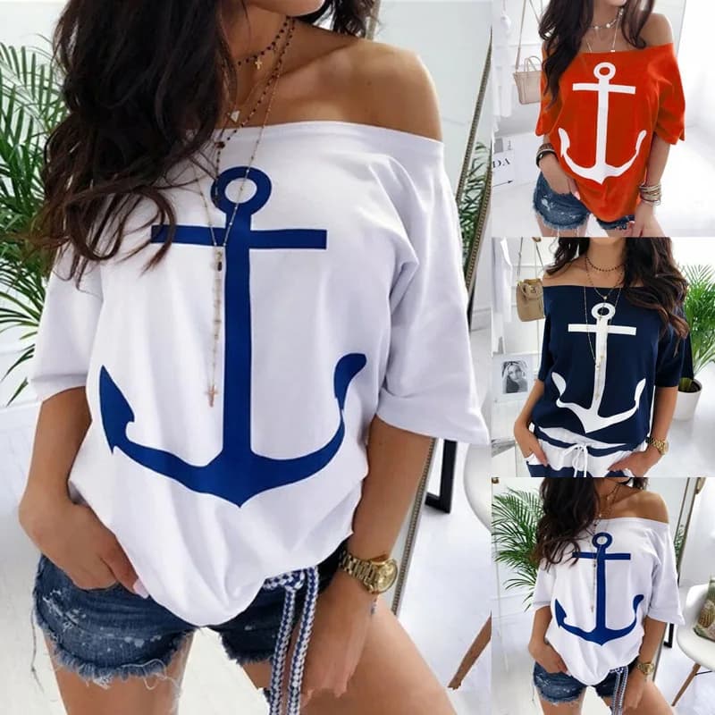 Maglietta estiva con stampa di ancoraggio per barca maglietta allentata Casual da donna a mezza manica con spalle scoperte Sexy bianca rossa Plus Size S-5XL Tees top