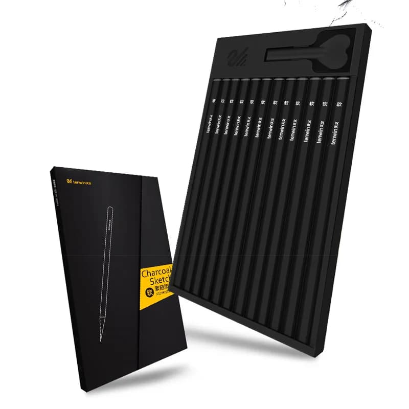 Tenwin 12pcs Black Sketch Charcoal Pen Soft/Medium/Hard Drawing Tool Wood Charcoal Pencils For Painting Art Supplies MS5550