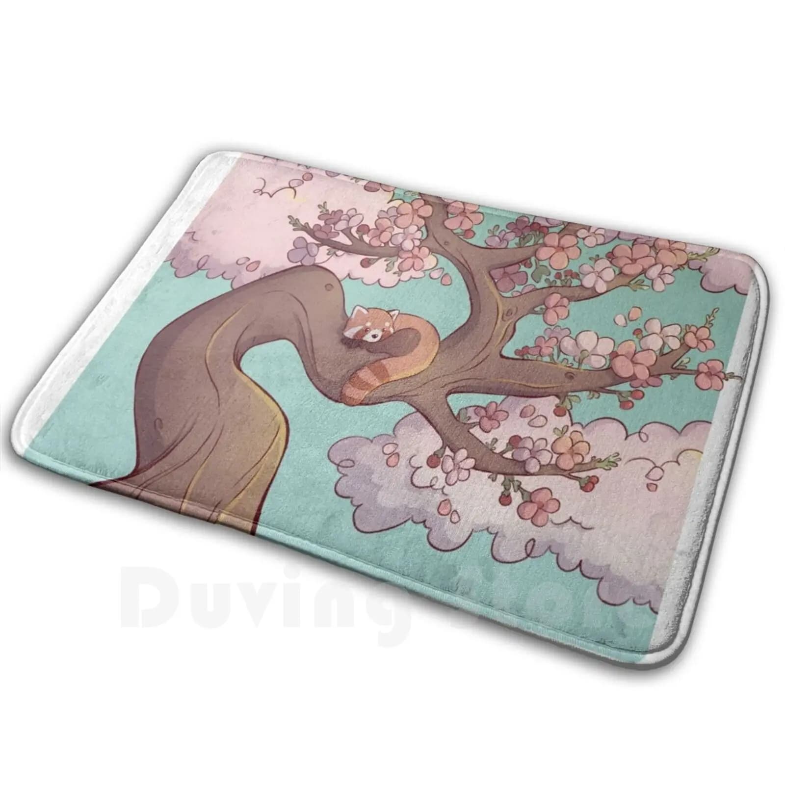 Tappetino panda rosso Tappeto Tappetini antiscivolo Camera da letto Panda rosso Creatura animale carina Giappone Fiore di ciliegio Albero Rosa Blu Teal