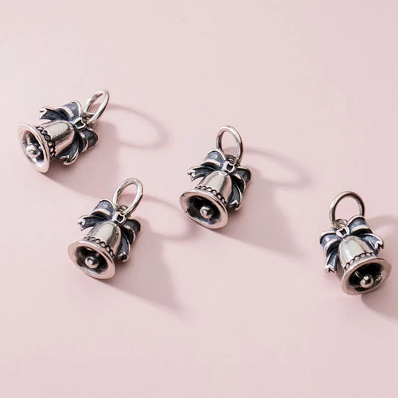 1pc 925 Sterling Silver Distressed Crafts Bow Wind Chime Bell Pendant Christmas Silver Bell Charms DIY Women Jewelry Accessories