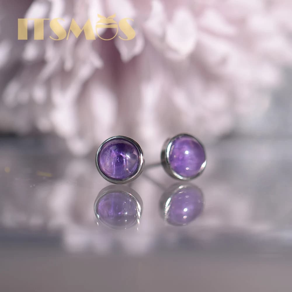 ITSMOS Orecchini viola con ametista naturale Argento 925 Gioielleria raffinata Fascino semplice rotondo Borchie misteriose fresche per le donne Ragazza regalo