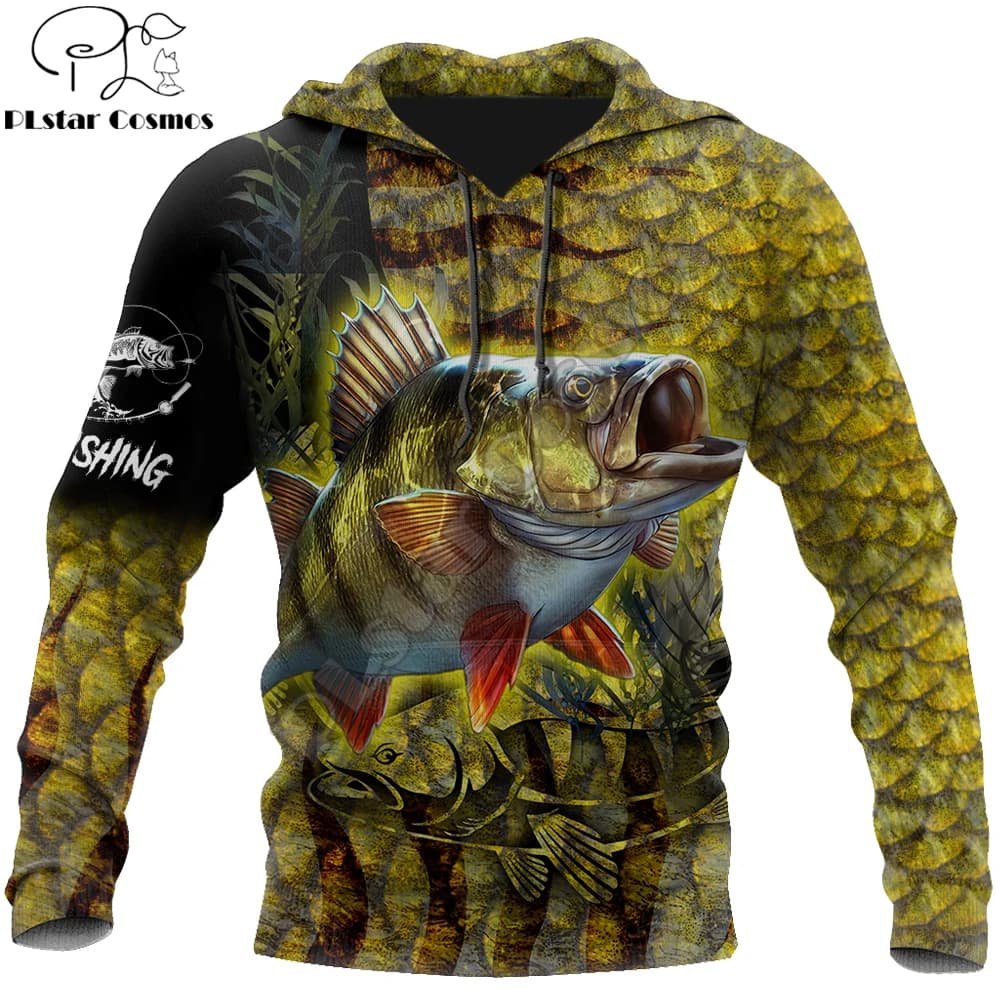 Felpa con cappuccio di marca pesce persico giallo pesca sulla pelle felpa con cappuccio da uomo stampata in 3D Harajuku Streetwear tute Casual Unisex KJ0158
