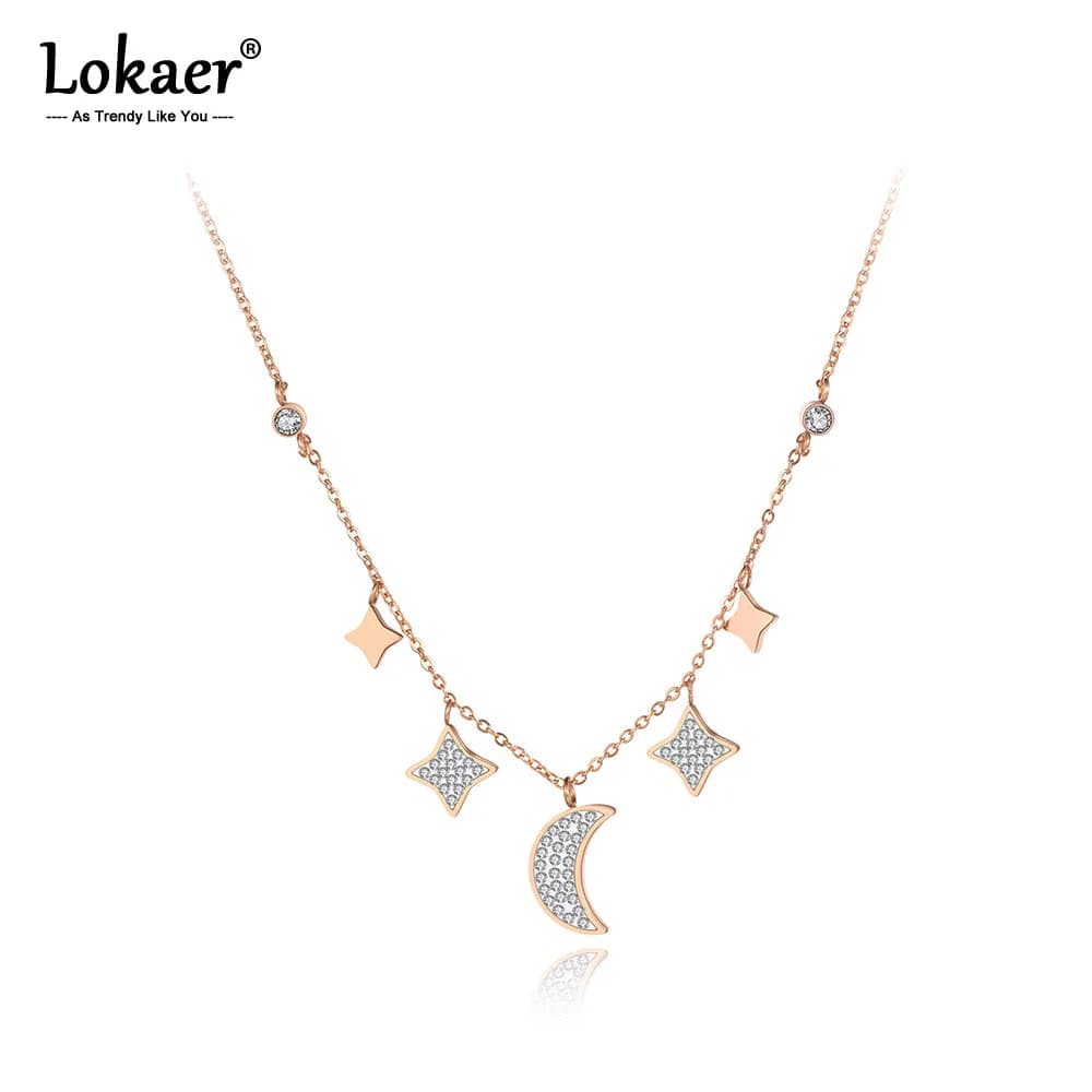 Titanium Lokaer Stainless Steel Crystal CZ Star Moon Strip Pendant Choker Necklace For Women Girl N19116