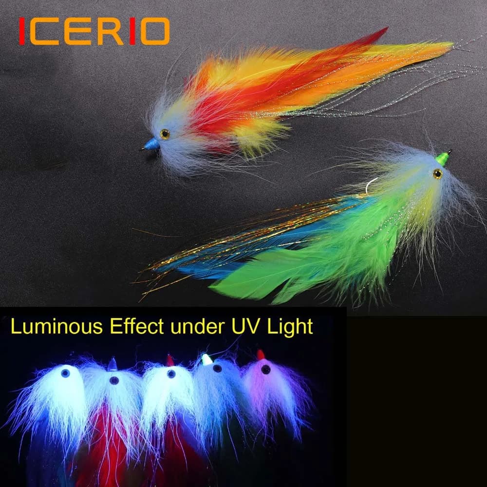 ICERIO 1PC 3D Occhi di Pesce Gallo Piuma Streamer Legatura Sul Gancio Spinato Acqua Salata Mosche Luccio Bass Pesca A Mosca Richiamo Esche 2/0 #