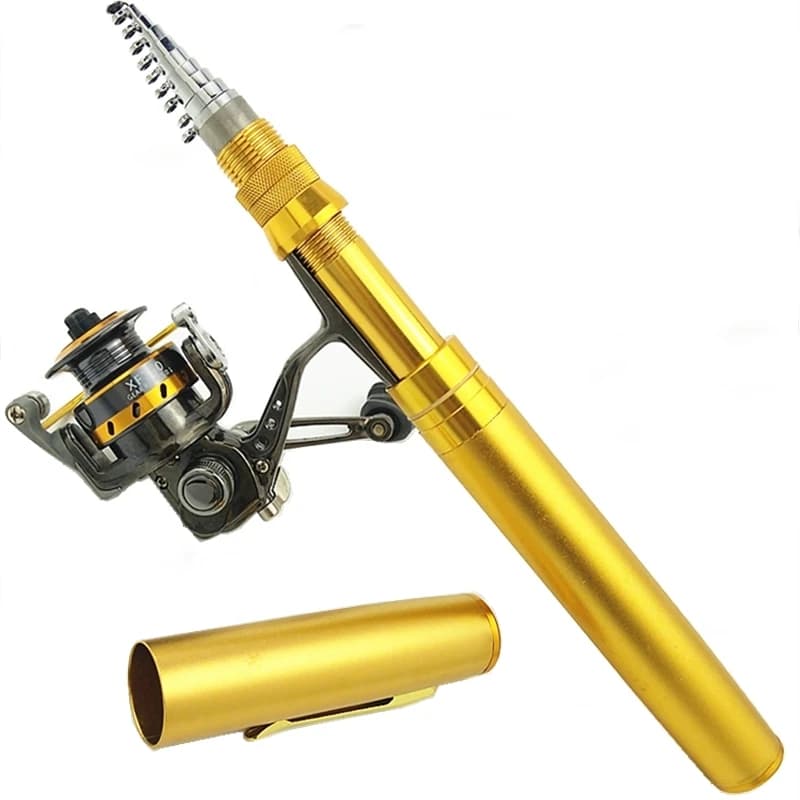 Canna da pesca telescopica a forma di penna da 1,8/2,1 m, set canna e mulinello portatile mini con scocca in metallo, regalo per amici, per pesca in mare e su roccia.