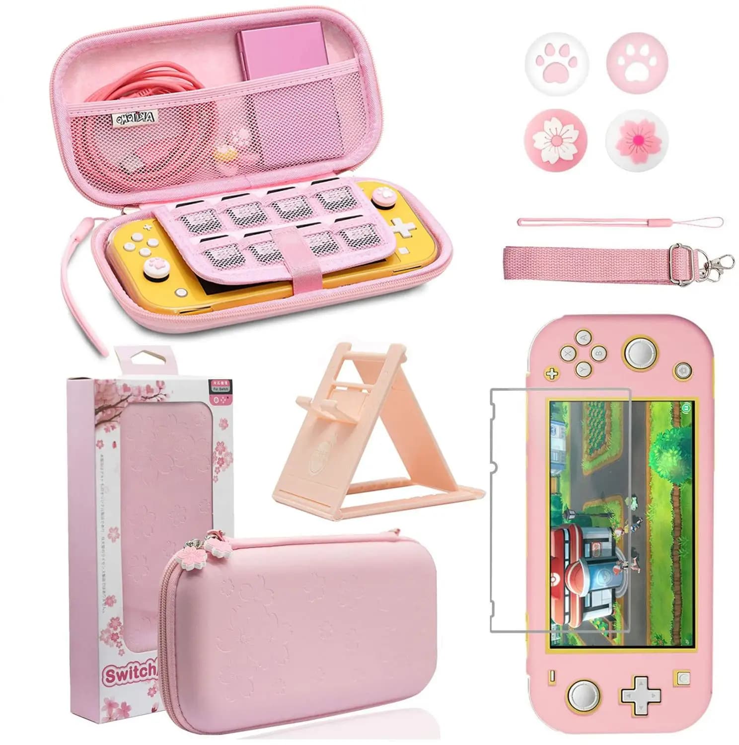 Kit di accessori per custodia da viaggio rosa per Nintendo Switch Lite, supporto per console Nanometro pellicola morbida Sakura Thumb Grip Caps