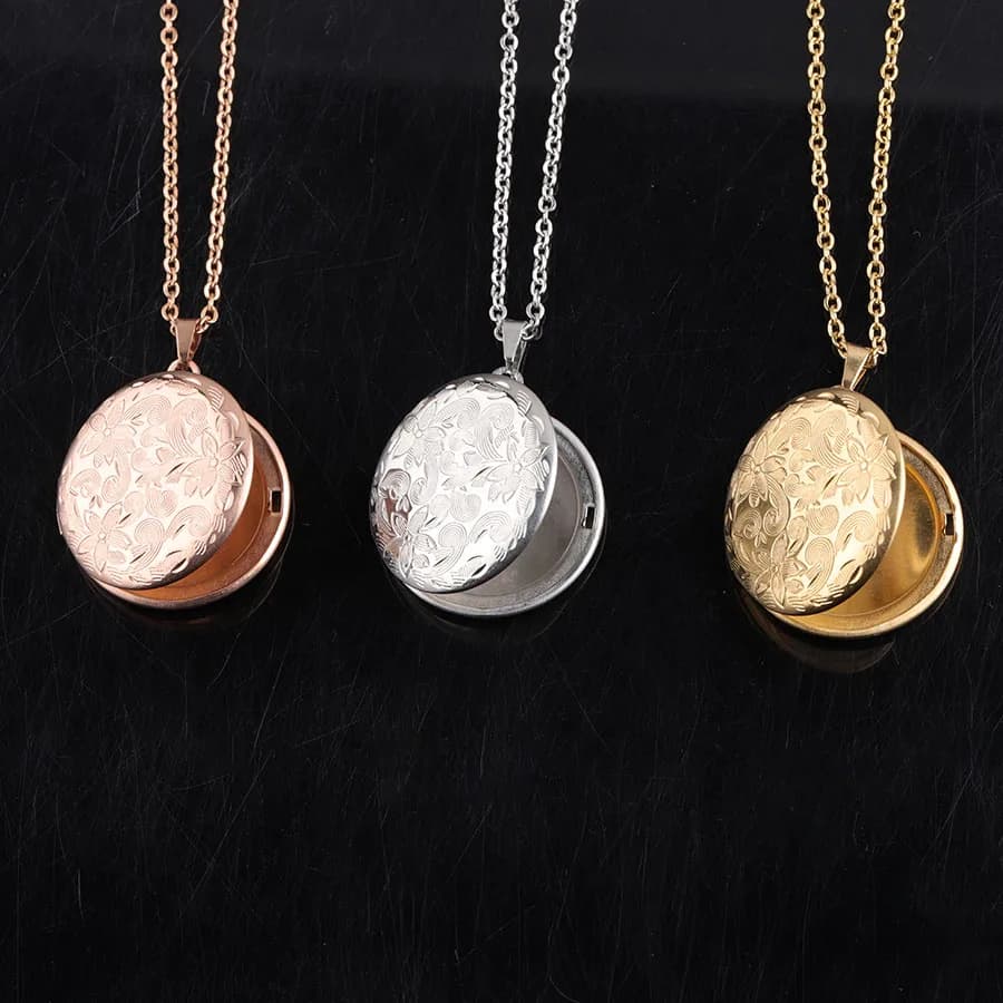 Fnixtar 10Pcs/Lot Flower Pattern Round Photo Frame Pendant Necklaces Mirror Polish Stainless Steel Memorial Locket Necklaces