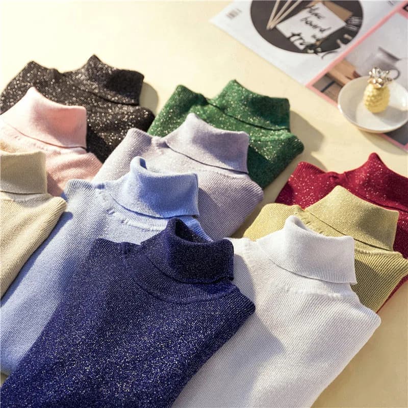 Maglione caldo da donna a maniche lunghe maglione dolcevita lucido maglioni moda top lavorato a maglia sottile maglione femminile 2024 autunno inverno