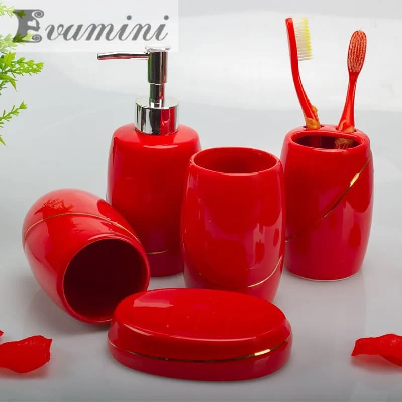Regalo di nozze per il bagno/Kit di forniture per il bagno in ceramica rossa/Set di lavaggio per WC/distributore di sapone, portaspazzolino, collutorio Cu
