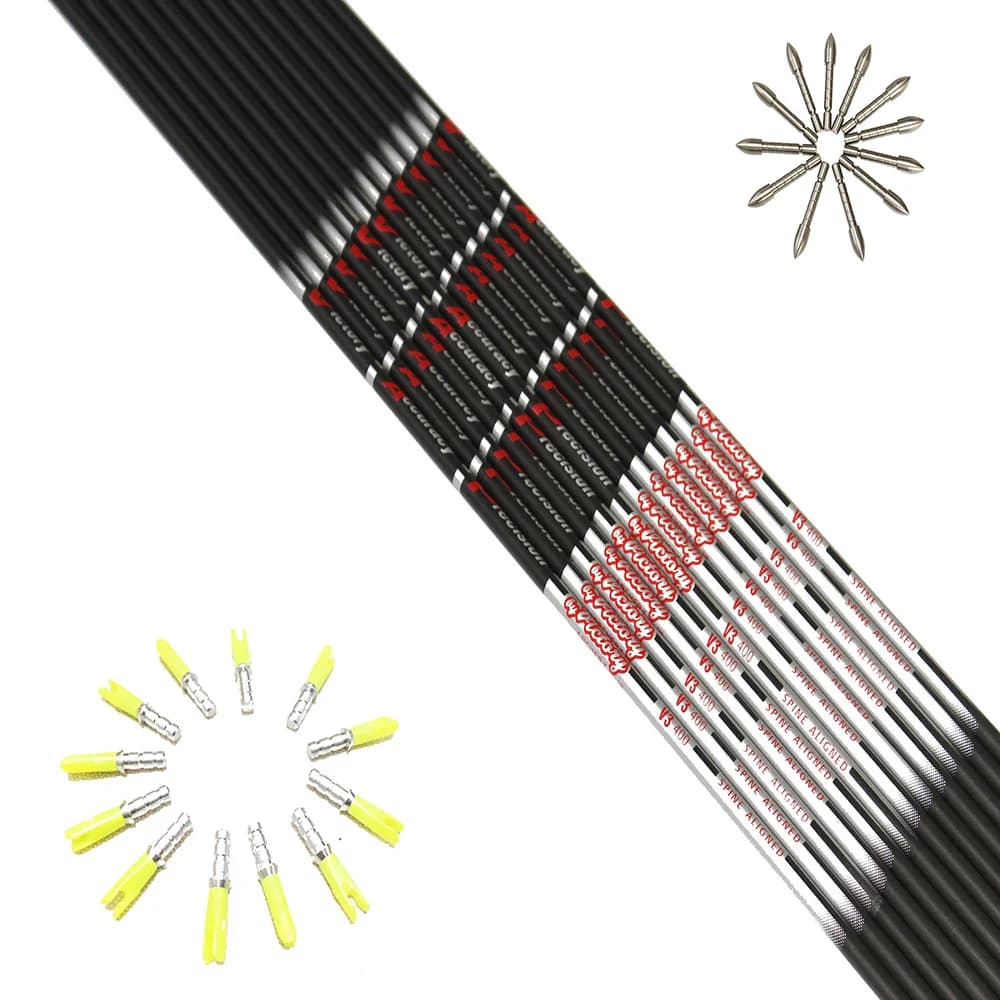 12 pezzi aste freccia in carbonio Spine350 400 500 600 700 800 900 ID4.2mm punto bersaglio Pin Nock per tiro con l'arco arco ricurvo composto fai da te