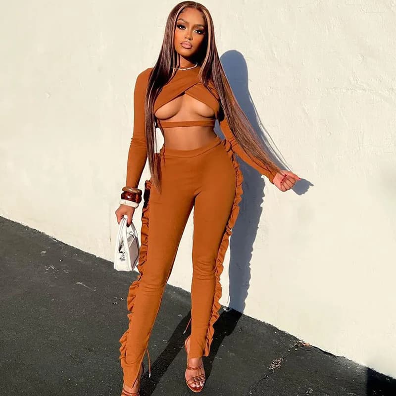 Sexy 2 Piece Sets Womens Outfits Party Clubwear Hollow Out Bandage Crop Top and Ruffles Pencil Pant Suits Matching Sets Trendy