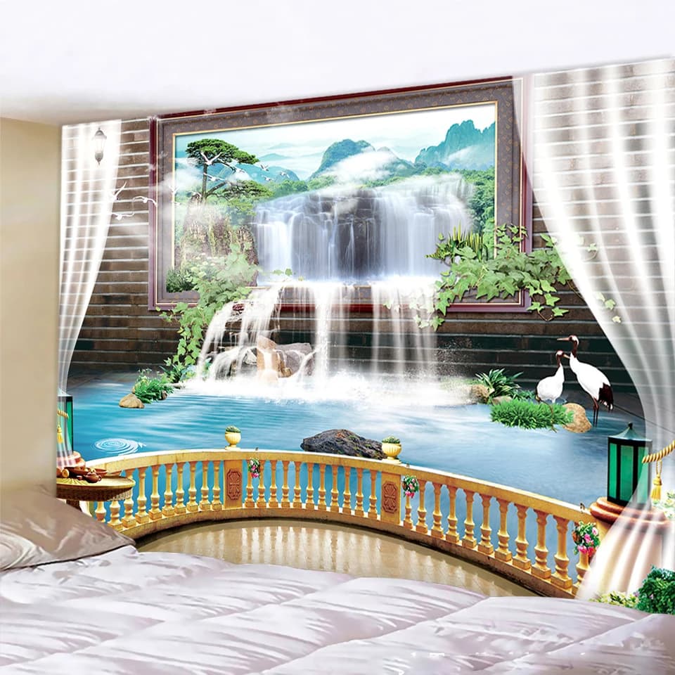 3D waterfall landscape house tapestry decorative scene psychedelic room decoration bosimiana room decorative yoga mat