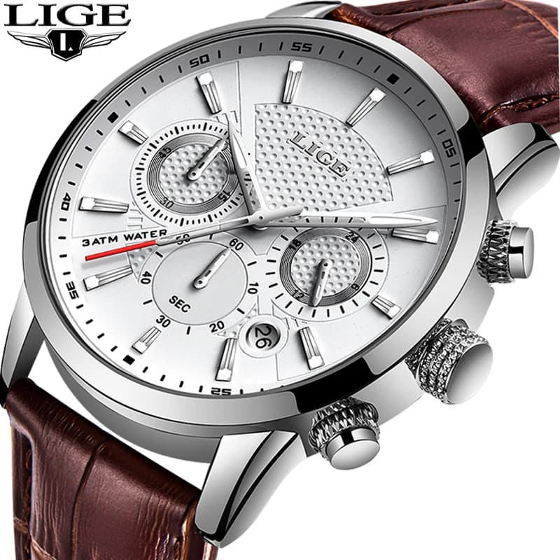 2025 New Men's Watches LIGE Top Brand Leather Chronograph Waterproof Sport Automatic Date Quartz watch for men Relogio Masculino