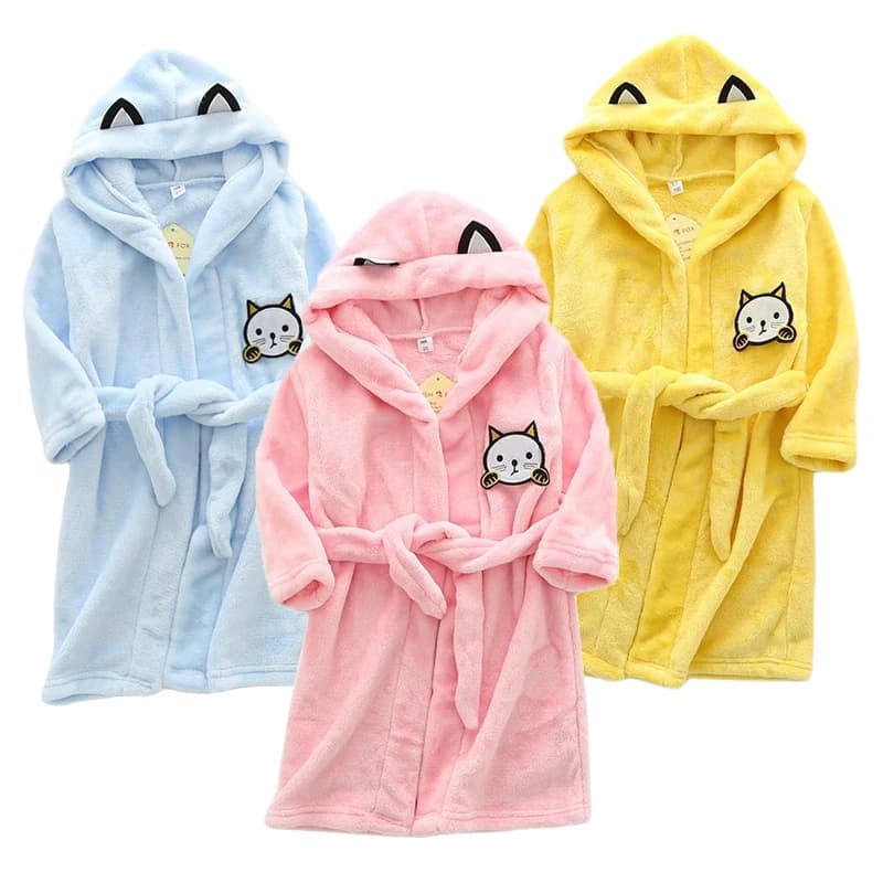 Kids Fumetto Cat Vestaglie New Winter Newborn Bathrobe Nightwear Veterinary Dresses For Children Flannel With Pijama Hood Boys Homewear Clothing