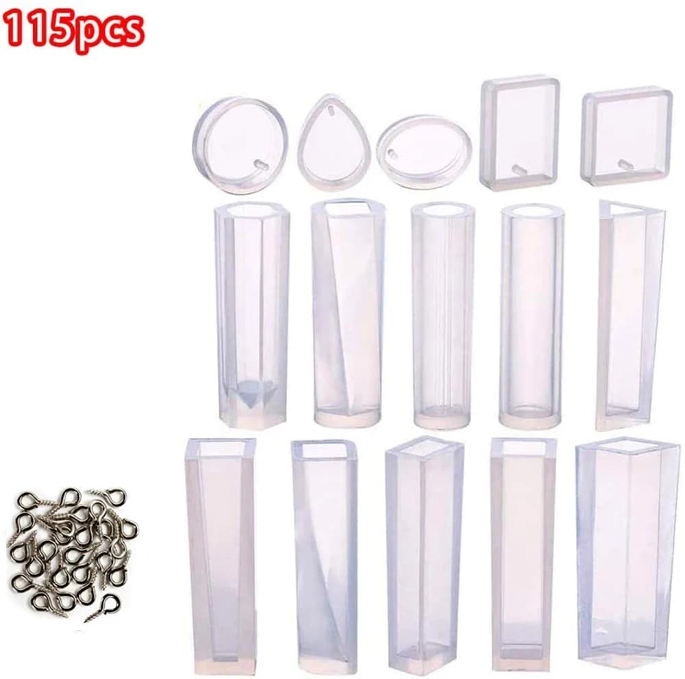 Set di 115 Stampi in Silicone per Creazione Gioielli, Forme Goccia, Rotonde, Quadrate, Ovali, Tubolari, Strumenti per Colata in Resina UV Epossidica per Ciondoli con Perno
