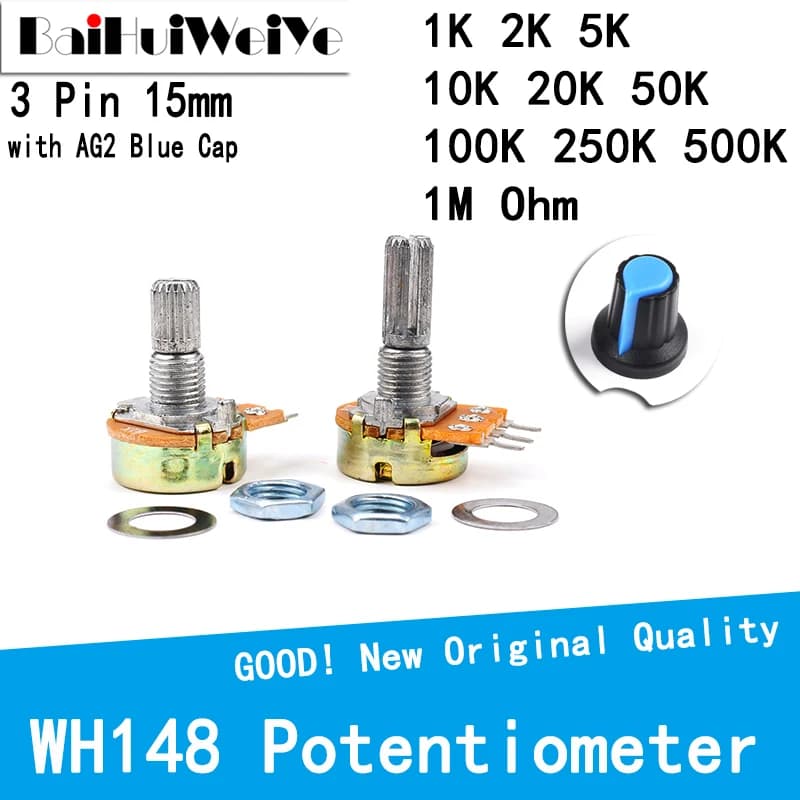5 pz WH148 1K 2K 5K 10K 20K 50K 100K 500K Ohm 15mm 3pin lineare conico potenziometro rotativo resistore per Arduino con tappo blu AG2