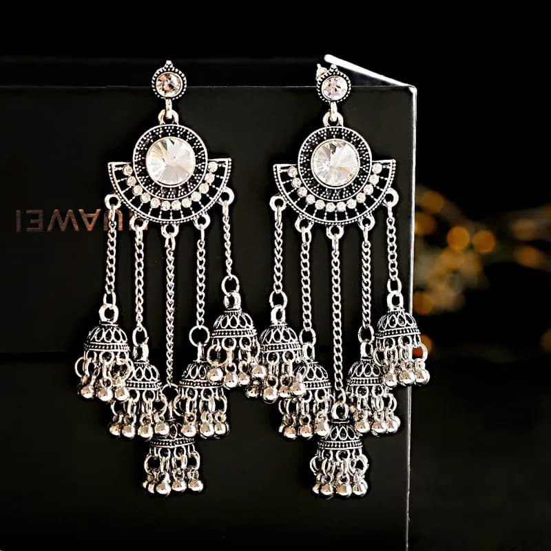 Indian Jhumka Earrings Gold Sliver Color Big Bells Drop Long Tassel Earring For Women Boho Gypsy Jewelry Gift