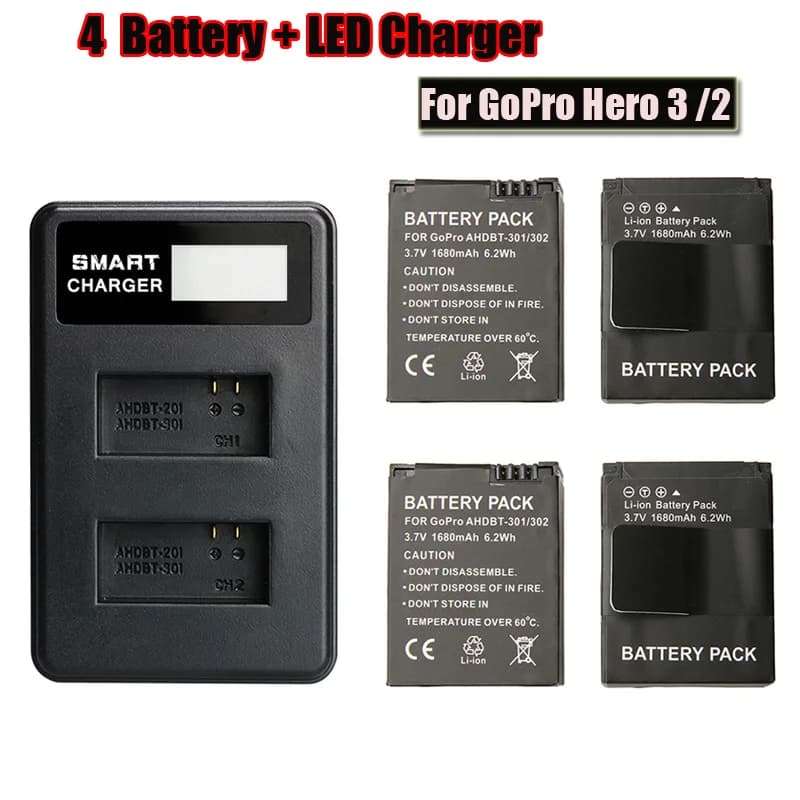 4pcs AHDBT-301/302 Battery+Double slot LCD Screen Display USB Charger Kit for Gopro hero3 3+ Action camera accessories