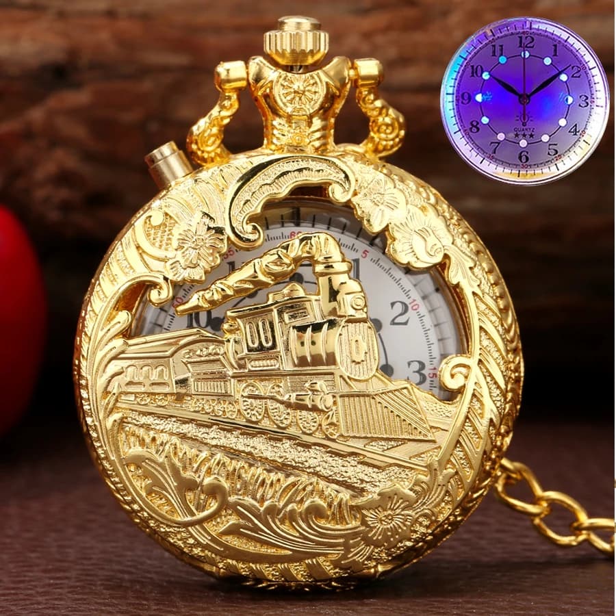 Top Luxury Gold Luminoso LED Orologio da tasca al quarzo Treno Locomotiva Motore Steampunk Quarzo FOB Orologio leggero Regali per uomo Donna