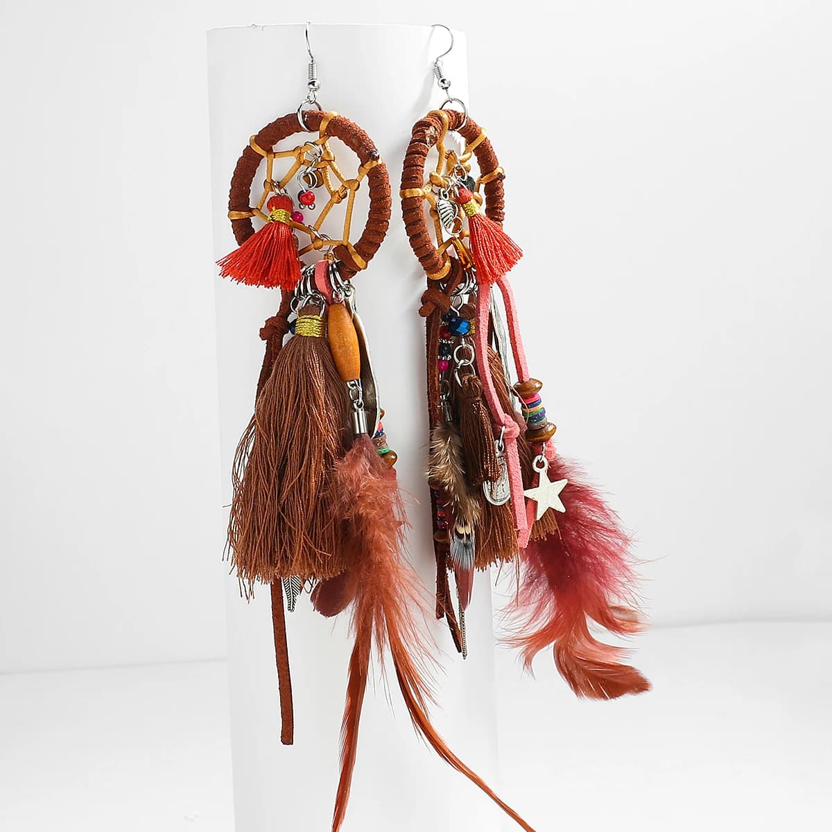 AENSOA Ethnic Tassel Feather Dreamcatcher Long Drop Earrings For Women Bohemia Retro Leaf Dangle Earring Charm Jewelry Gifts