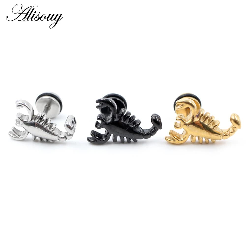 Alisouy 2 pz. Orecchini a perno unisex in acciaio inossidabile con scorpione e manubrio, stile gotico punk, da uomo e donna