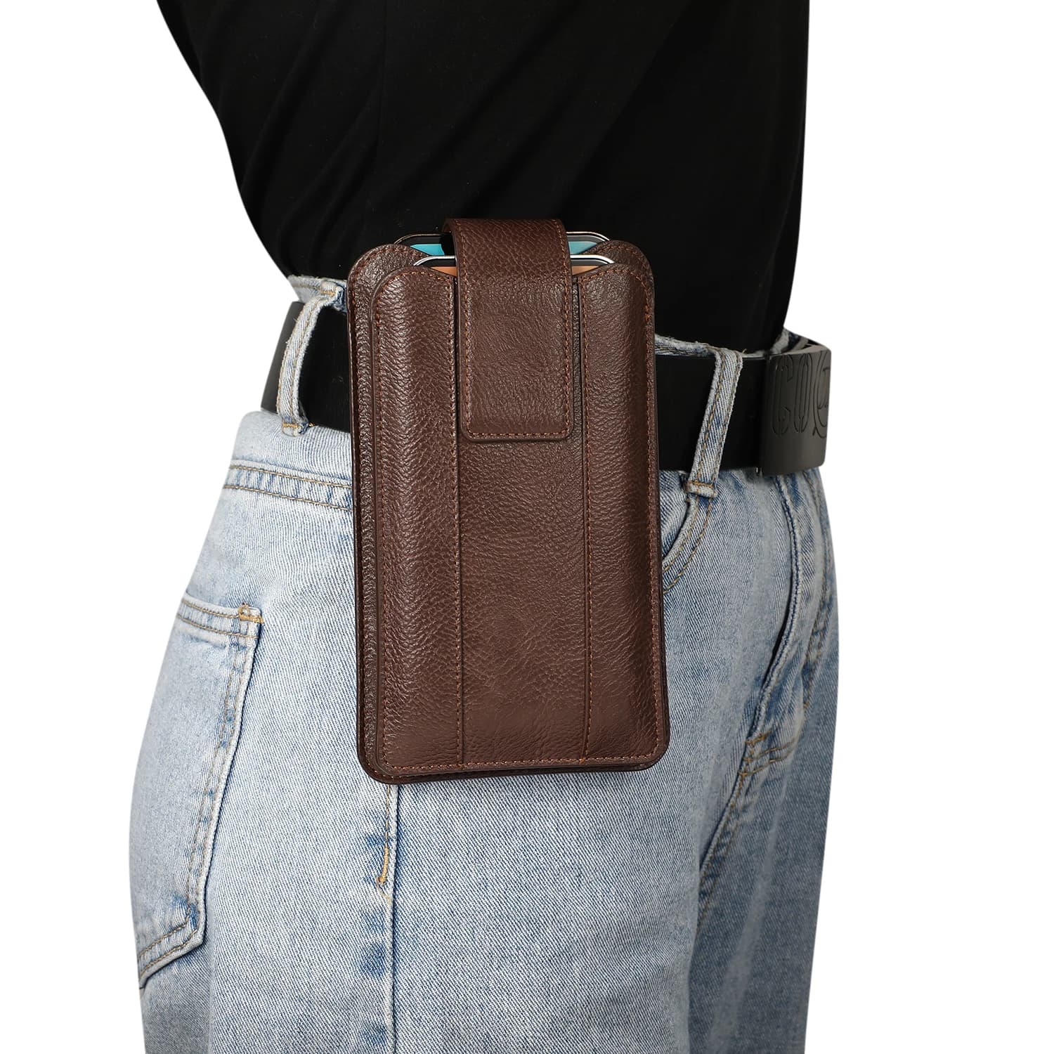 Universal Leather Dual Pouch 2 Phone Belt Clip Case For Moto G86 G56 G85 G75 E15 E14 Edge 60 50 Pro Man Tool Waist Bag Holster
