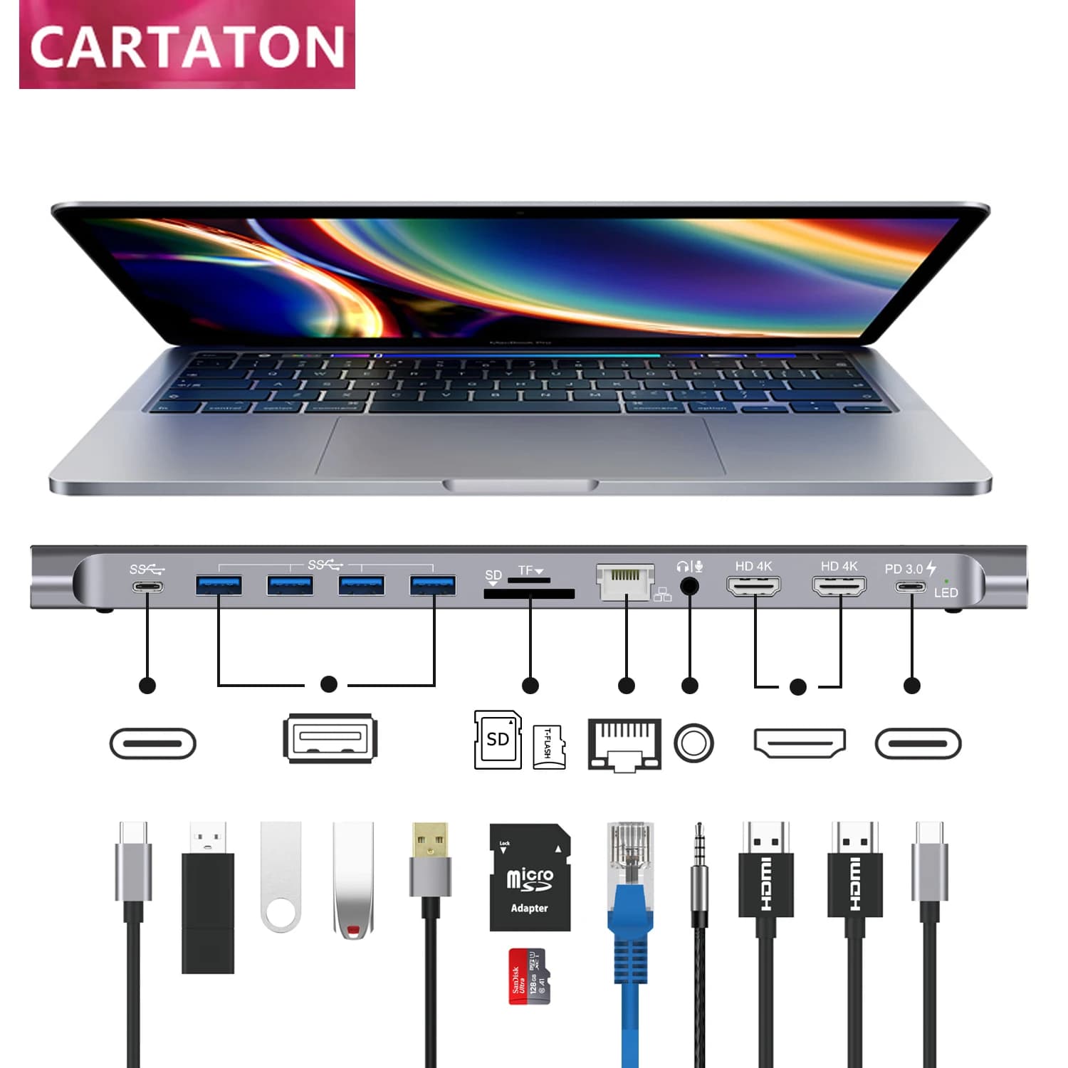 Onten Usb C Hub 12 in 1 Docking Station USB C 4k adattatore triplo tipo C