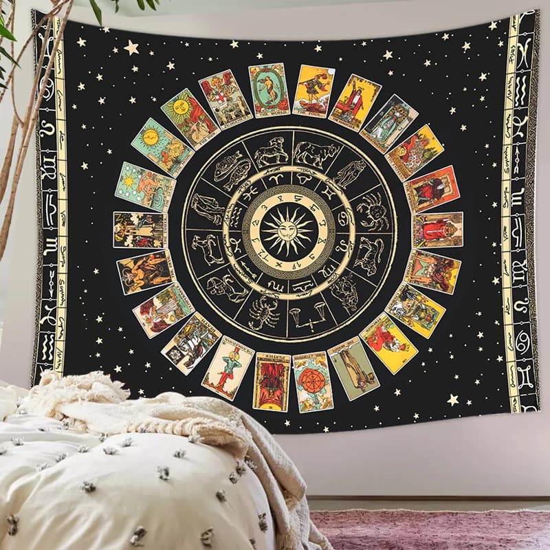 Mandala tarocchi carta arazzo ruota dello zodiaco astrologia grafico e il principale Arcana tarocchi sole e luna appeso a parete decorazioni per la casa
