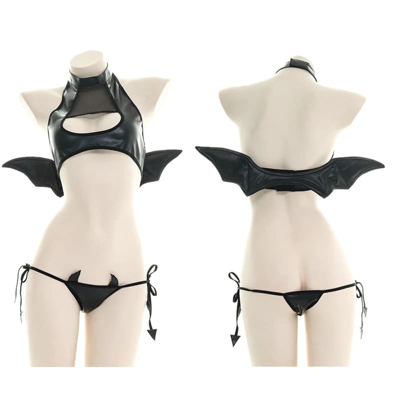 Japanese Womens Devil Cosplay Costumes Sexy Hollow Out Tank with Wings Punk Lolita Anime Bikini Set Wholesale Anime Lingerie