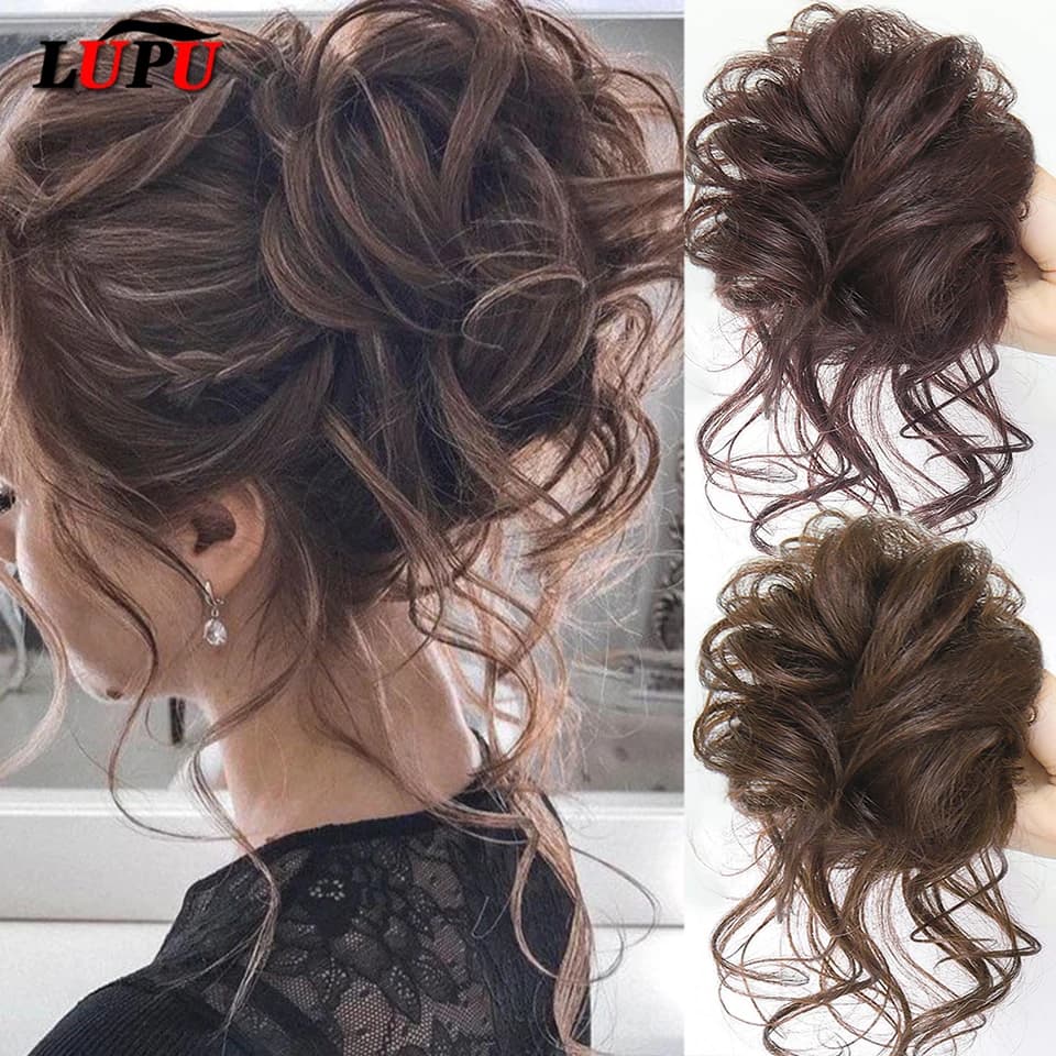 LUPU Panino per capelli sintetici Chignon Fascia per capelli ricci disordinati Elastico Scrunchy Pezzi di capelli finti per le donne Forcine Nero Marrone