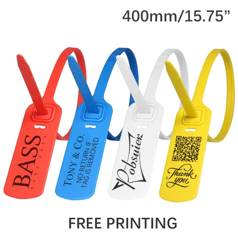 100pcs sigilli di etichette di sicurezza in plastica personalizzati usa e getta Logo del marchio indumento Hang Label Tag cravatte con cerniera per la logistica dei vestiti 400mm/15.8"