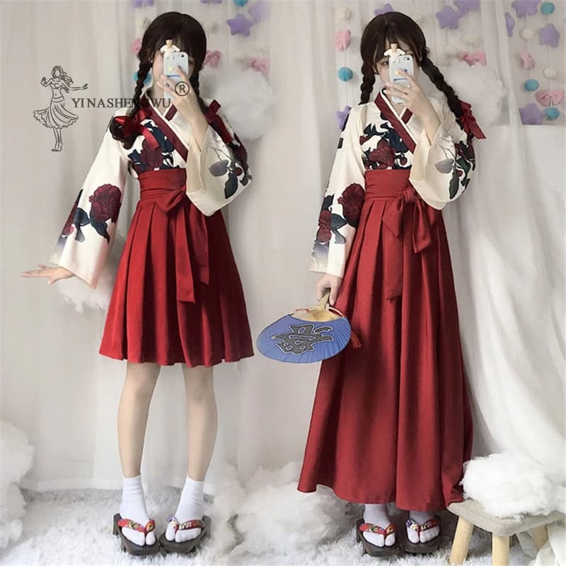 Dress Kimono Costume Japanese Women T-shirts and Outer Panel Shirts 2 Pcs by Mrs. Yukata Haori Print Kawaii Floral Dresses Femal Girl Dresses Complete with Vestaglia