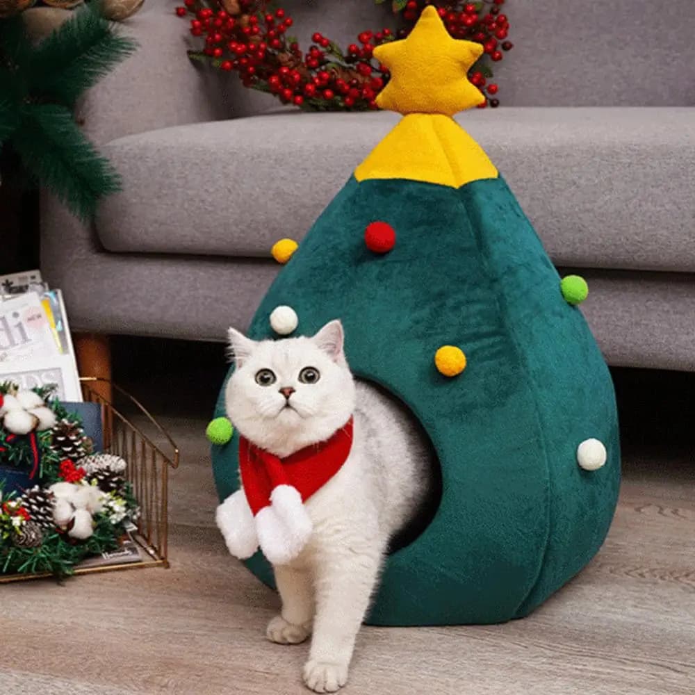 Letto per animali durevole, carino, verde, a forma di albero di Natale, casa per gatti, semichiusa, lettiera per gatti, regalo per gatti, Natale, caldo e morbido inverno