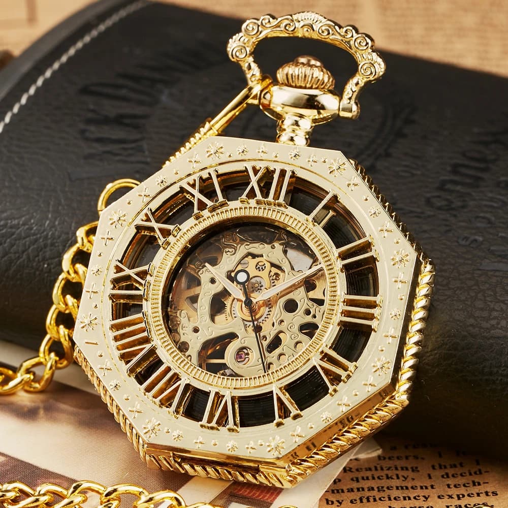 Men's mechanical pocket watch hexagonal pocket chain silver gilded bronze with men's and women's box gifts Vintage Men's Vintage