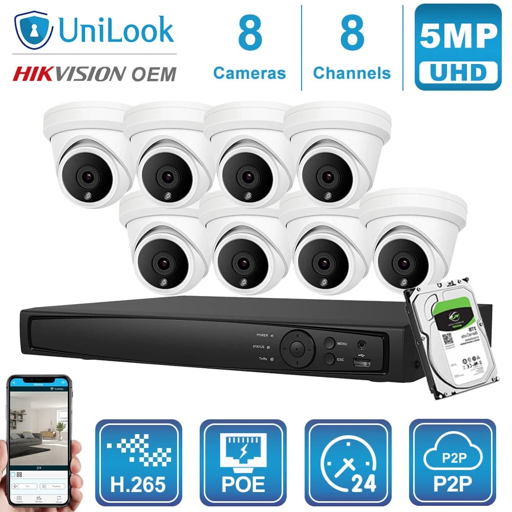 UniLook 8CH NVR 4/6/8 Pz 5MP POE Telecamera IP NVR Kit Sistema di sicurezza CCTV esterno Visione notturna OEM H.265 P2P Visualizza audio