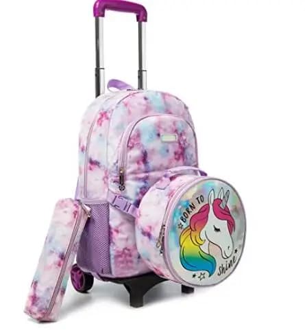 Set di trolley scolastici per ragazze, borsa con ruote da 16 pollici, zaino scolastico impermeabile con ruote per ragazze, borsa per il pranzo, astuccio per matite