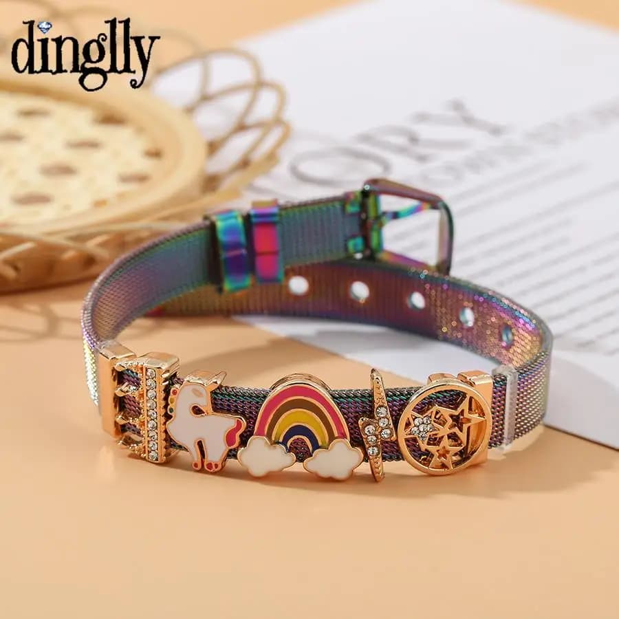 Braccialetti a maglie in acciaio inossidabile stile Hip-Hop per donna uomo Unicorn Rainbow Star Lightning Charm Watch Bracelet Jewelry Gift