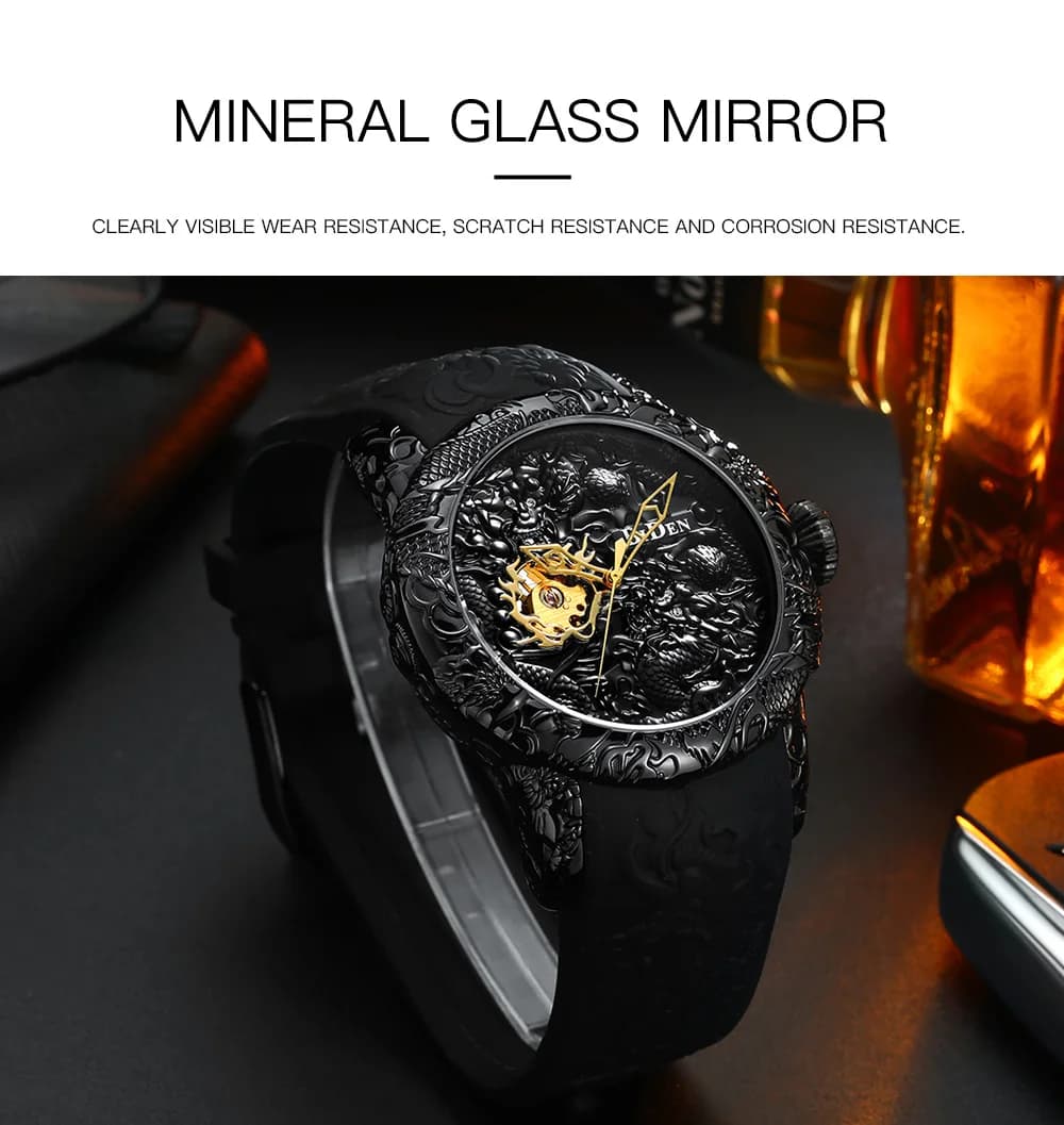 Gold Dragon Sculpture automatic mechanical watches men's strap Silicone waterproof quartz watch Relojes Hombre