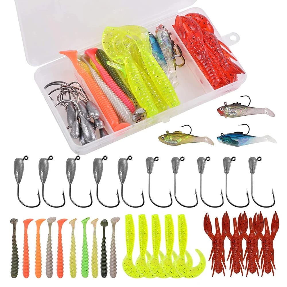 Fishing Set 32 Pieces with Box, Soft Pre-Mounted bait with Jig Head, Jig Head Ami, Soft Rubber Esche for Bass, Walleye, Crappie