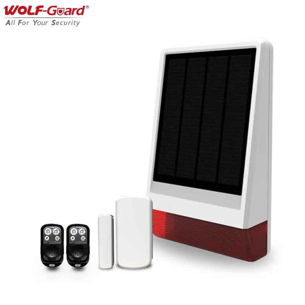 Wolf-Guard Sirena solare wireless 120dB Sistema di allarme di sicurezza domestica resistente alle intemperie per esterni con kit antifurto per porta con sensore