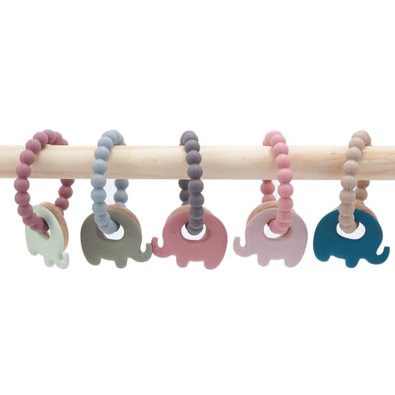 Giocattoli per bambini cartone elefante Silicone massaggiagengive faggio anello in legno mano dentizione sonagli masticare musicale gioca palestra accessori