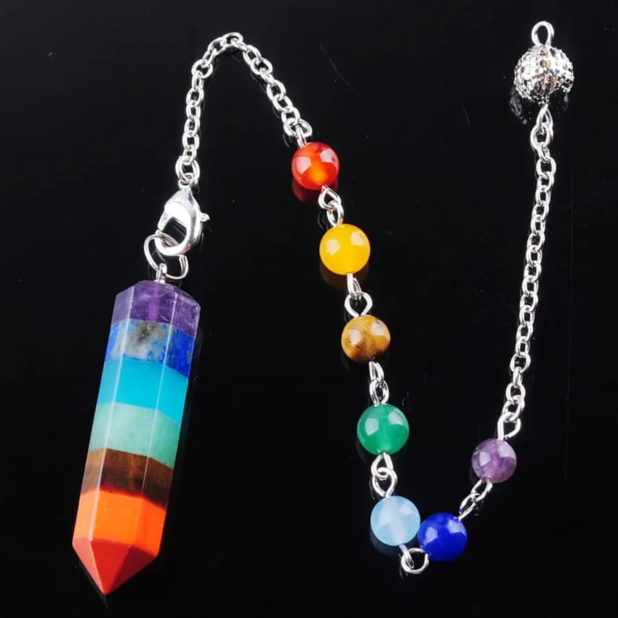 WOJIAER Pietre preziose naturali Pendenti a catena in metallo argentato Guarigione radiestesia 7 Chakra Pendolo N3540