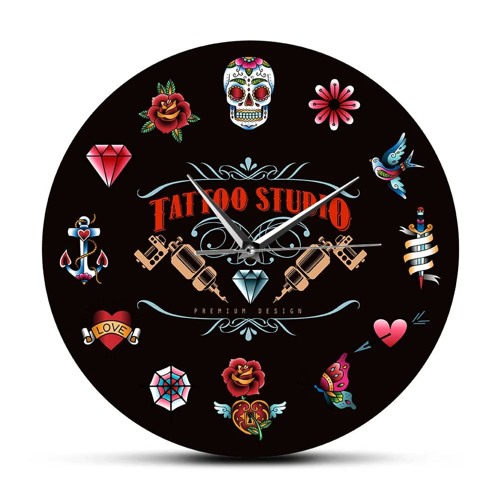 Tattoo Studio Black modern wall clock with premium design, no ticking, vintage style, hipster, man, salon, studio, tattoo artist, gift