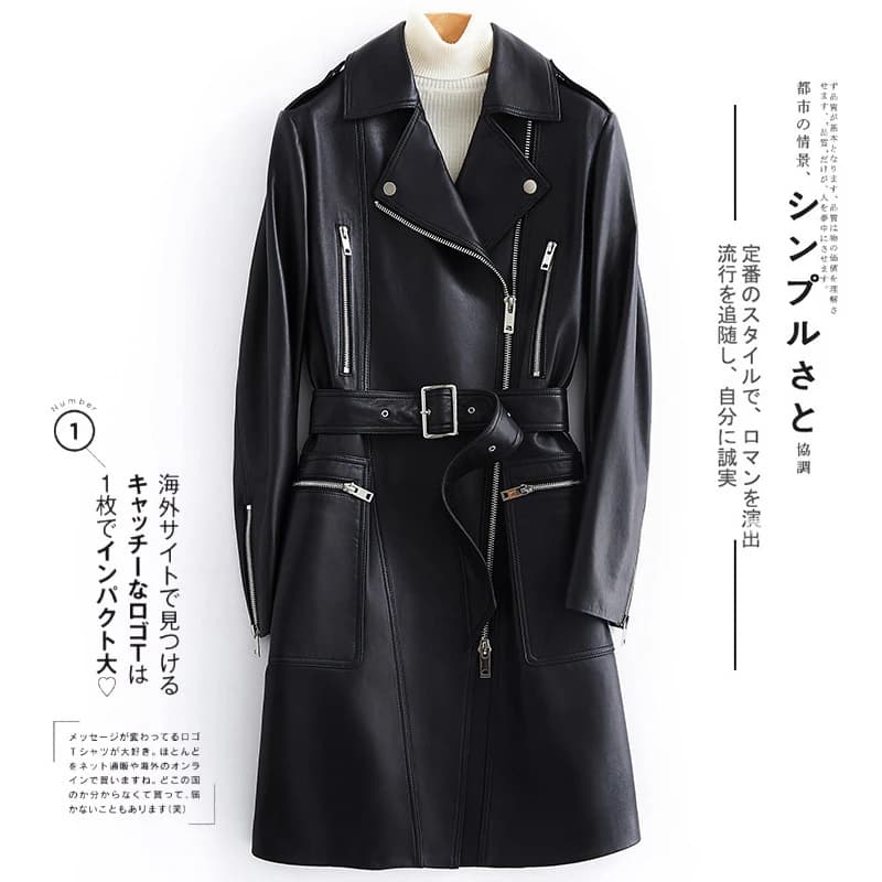 Lautaro autumn black long jacket in eco-leather woman with many pockets belt with twisted zipper Trench in spring leather for woman