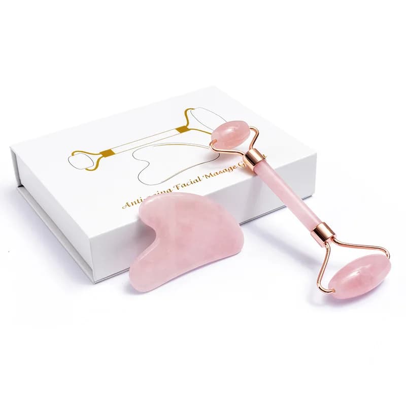 Natural Pink Yellow Quartz Roller Gua Sha Scraper Set Face Massage Roller Yellow Stone Guasha Lift Skin Care Tools