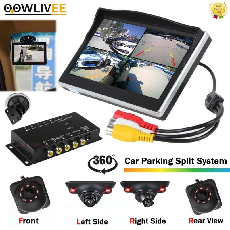 OOWLIVEE Monitor LCD Con 360 Around View Parcheggio Diviso Per Auto Telecamera 4 Canali Box IR Telecamera per Vista Frontale Sinistra Destra Vista Posteriore