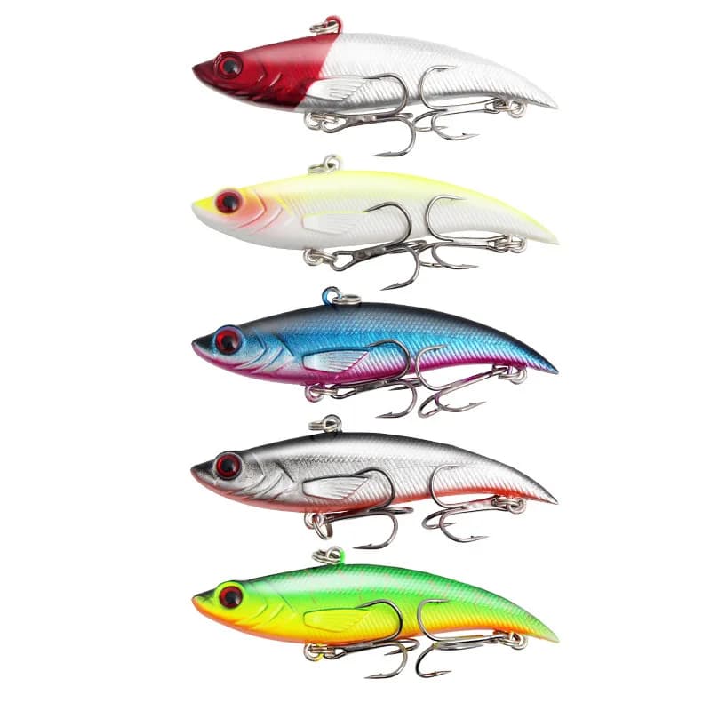 1PC 7.5cm / 12.8g richiamo di pesca in mare duro invernale VIB esca 3D occhi la maschera da sub girevole ala wobbler pesca manovella esche swimbait