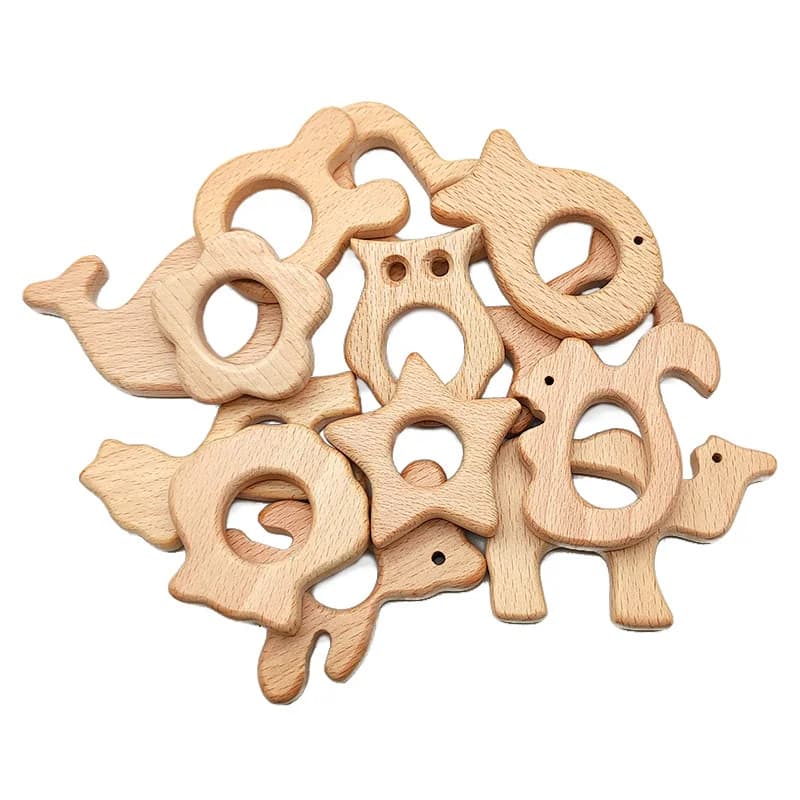 Forma di cartone animato Food Grade Legno di faggio naturale Massaggiagengive Bambino Molare Giocattolo Delfino Elefante Scoiattolo Volpe Gufo Corona Sonaglio Ciondolo Artigianato