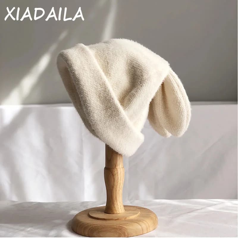 Rabbit ears draped hat rabbit fur autumn and winter wool hat knitted warm winter Korean version of Japanese hat